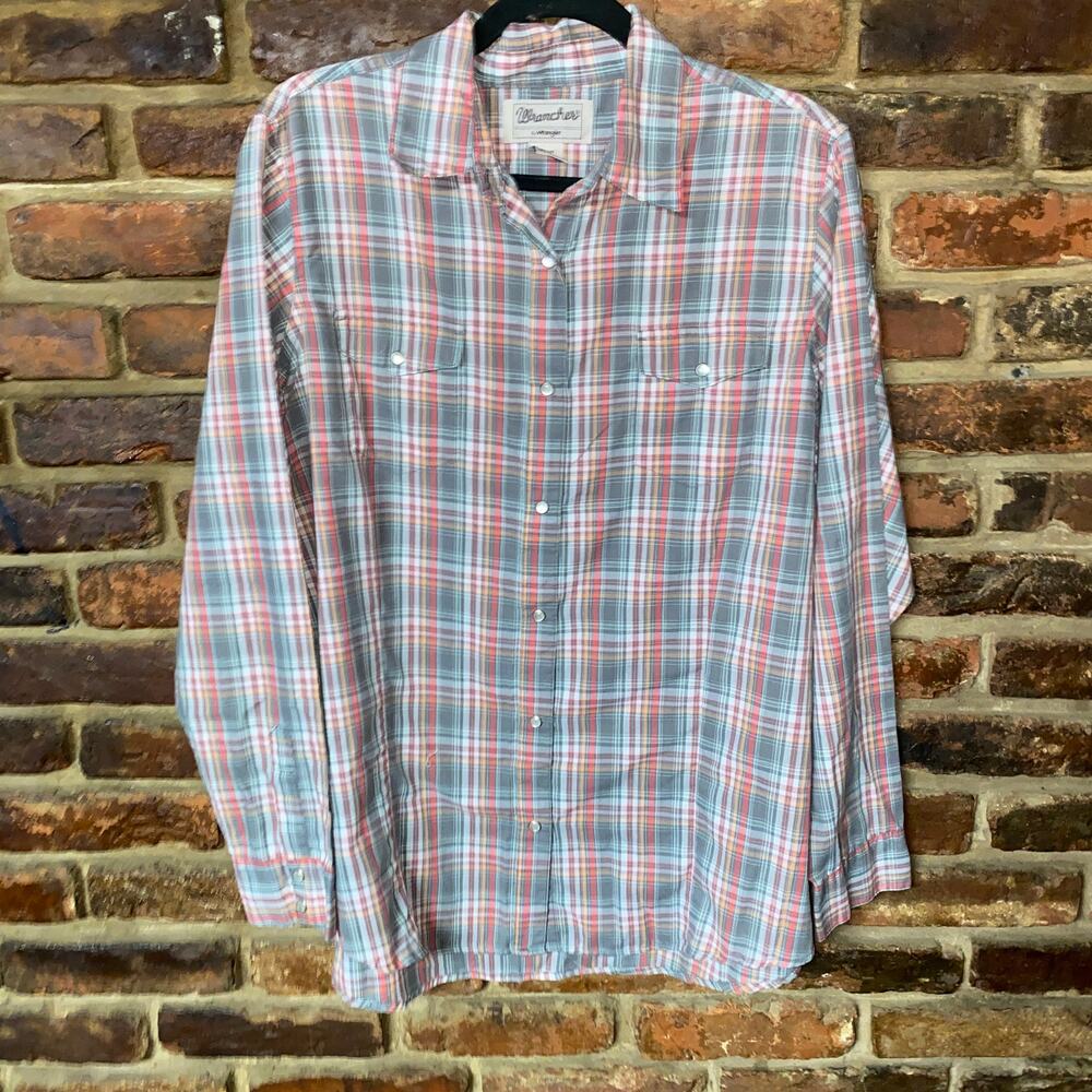 Wrancher Wrangler Multicolored Plaid Pearl Snap Button Long Sleeve Shirt Size XL